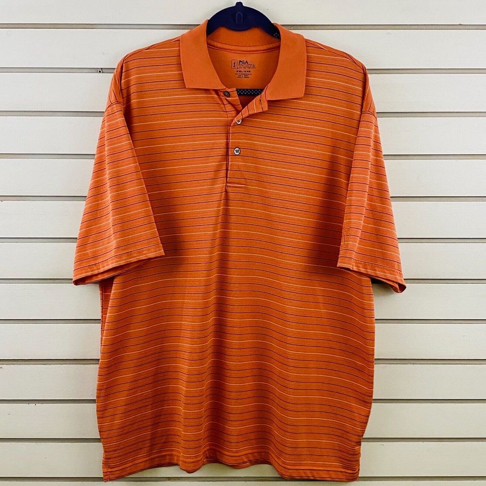 Mens XXL PGA‎ Tour Golf Shirt Salmon Stripe Polyester Polo Short Sleeve
